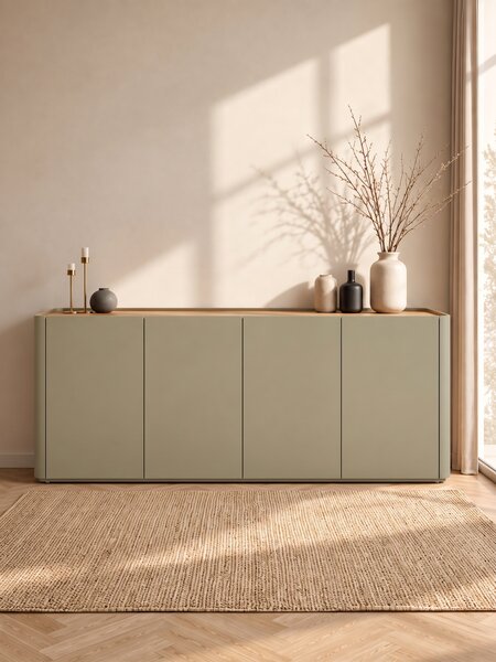 Komoda Elivo 200 cm štvordverová - eukalyptus / dub baltic dune