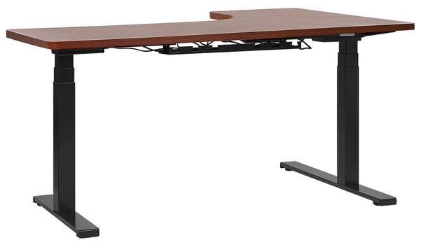 Výškovo nastaviteľný rohový písací stôl tmavé drevo čierny oceľový rám 160 x 110 cm elektrické nastavenie výšky moderná kancelária