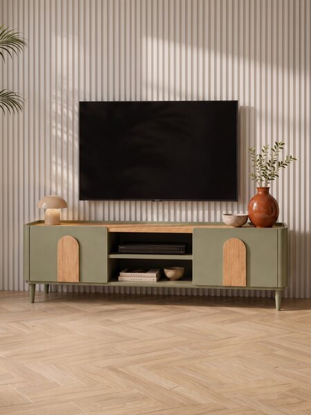 TV skrinka Amilio 170 cm na nožičkách - eukalyptus / dub baltic dune / úchytky dub prírodný