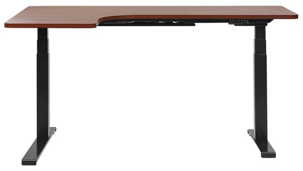 Výškovo nastaviteľný rohový písací stôl tmavé drevo čierny oceľový rám 160 x 110 cm elektrické nastavenie výšky moderná kancelária