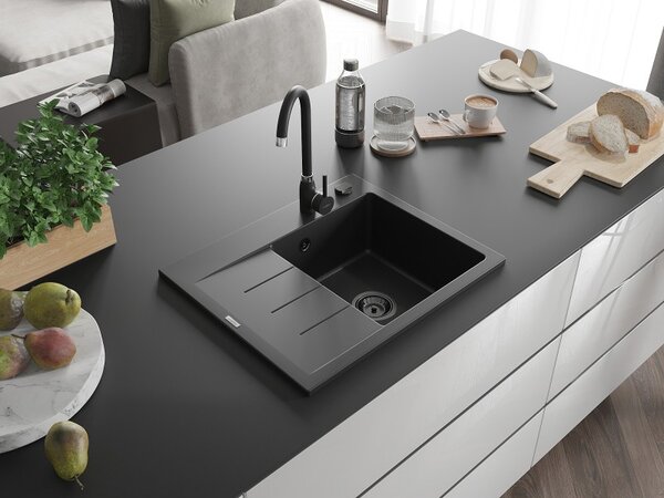 Mexen Ben, 1-komorový granitový drez 600x500x190 mm, pravý + čierny sifón, čierna, 6523605000-77-B