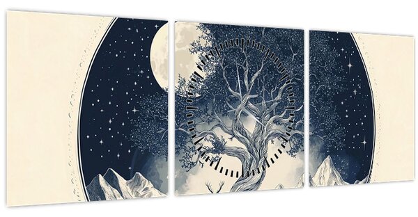 Obraz – Magický strom s jeleňom I. (s hodinami) (90x30 cm)