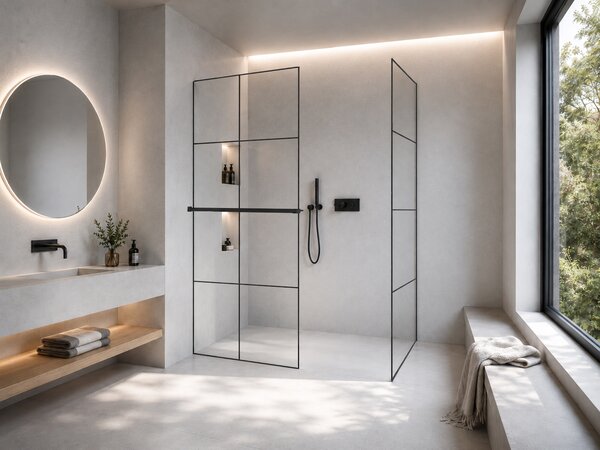 CERANO - Sprchová zástena Walk-in Crystal TL/P - 8 mm - bezvzperový systém + polička/držiak na uteráky - čierna matná, industriálne sklo - 90x90x200 …