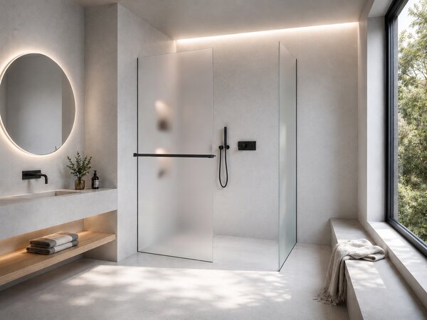 CERANO - Sprchová zástena Walk-in Crystal TL/P - 8 mm - bezvzperový systém + polička/držiak na uteráky - čierna matná, mliečne sklo - 50x50x200 cm