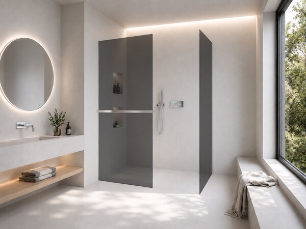 CERANO - Sprchová zástena Walk-in Crystal TL/P - 8 mm - bezvzperový systém + polička/držiak na uteráky - chróm, grafitové sklo - 50x50x200 cm