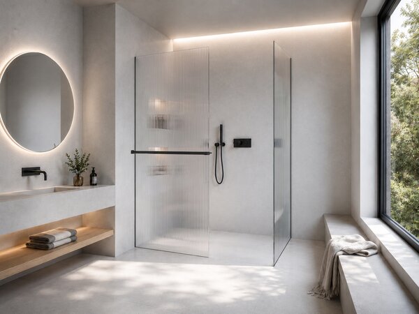 CERANO - Sprchová zástena Walk-in Crystal TL/P - 8 mm - bezvzperový systém + polička/držiak na uteráky - čierna matná, ryhované sklo - 50x50x200 cm