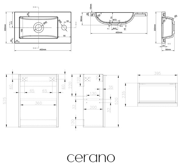 CERANO - Umývadlová skrinka pre WC Zola - dub medový + umývadlo z lit. mramoru - biela matná - 40x55x23, 5 cm