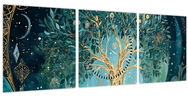 Obraz – Strom života vo vesmíre (s hodinami) (90x30 cm)