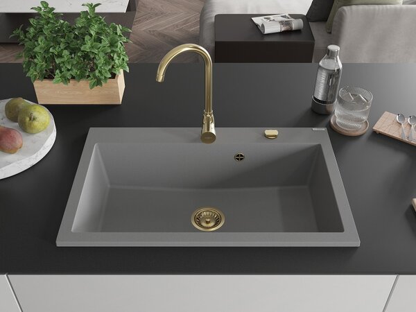 Mexen Elix, 1-korový granitový drez 800 x 500 mm, šedá, zlatý sifón, 6527801005-71-G