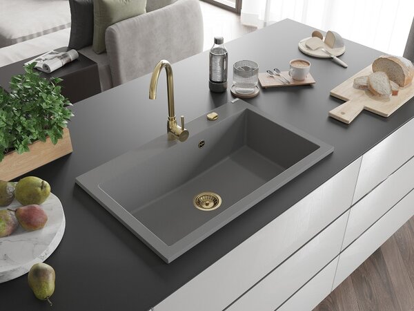 Mexen Elix, 1-korový granitový drez 800 x 500 mm, šedá, zlatý sifón, 6527801005-71-G
