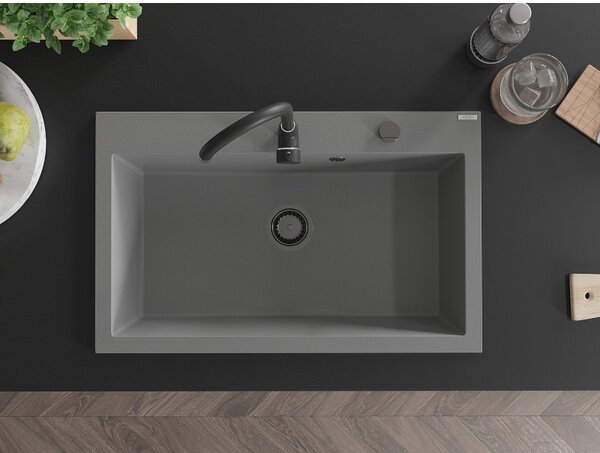 Mexen Elix, 1-korový granitový drez 800 x 500 mm, šedá, čierny sifón, 6527801005-71-B