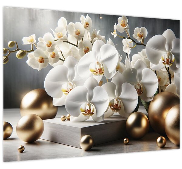Obraz - Orchidea a zlaté gule (70x50 cm)