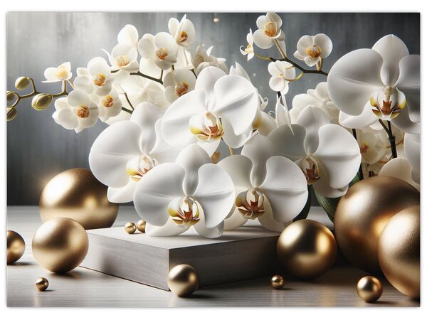 Obraz - Orchidea a zlaté gule (70x50 cm)