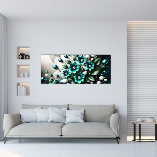 Obraz - 3D tyrkysové kvety (120x50 cm)