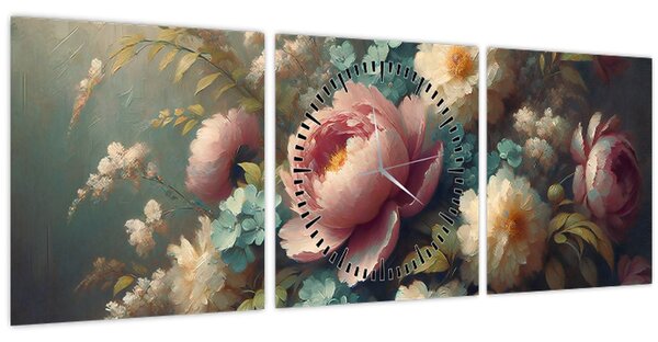Obraz - Zátišie s kvetmi - maľba (s hodinami) (90x30 cm)