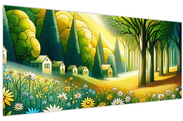 Obraz - Dedina v žlto-zelenej (120x50 cm)