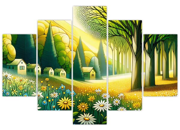 Obraz - Dedina v žlto-zelenej (150x105 cm)