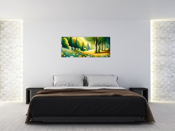 Obraz - Dedina v žlto-zelenej (120x50 cm)