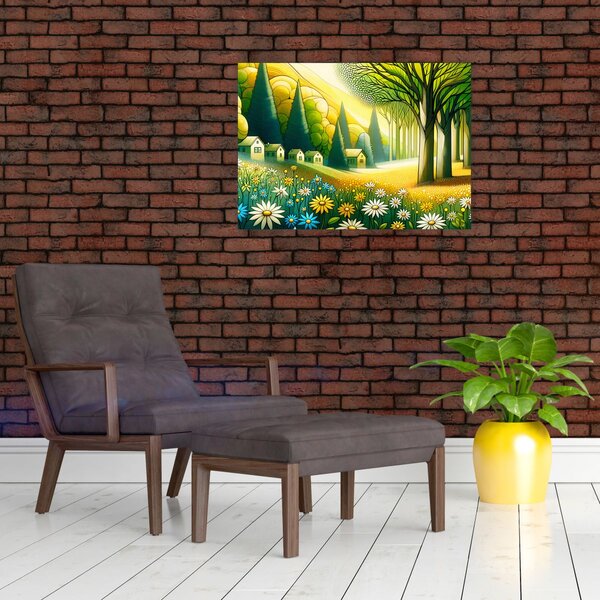 Obraz - Dedina v žlto-zelenej (70x50 cm)