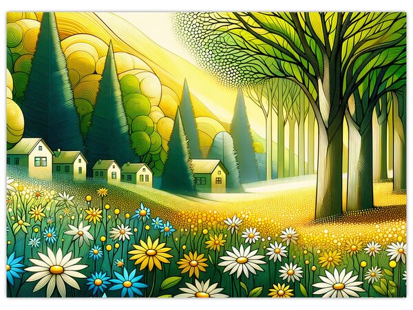 Obraz - Dedina v žlto-zelenej (70x50 cm)