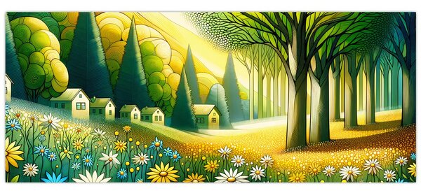 Obraz - Dedina v žlto-zelenej (120x50 cm)