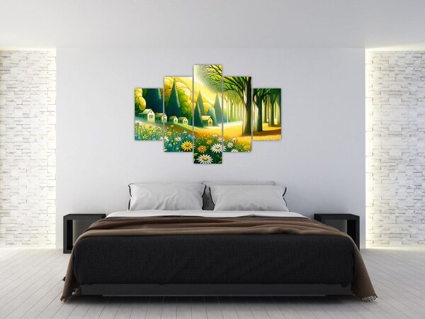 Obraz - Dedina v žlto-zelenej (150x105 cm)