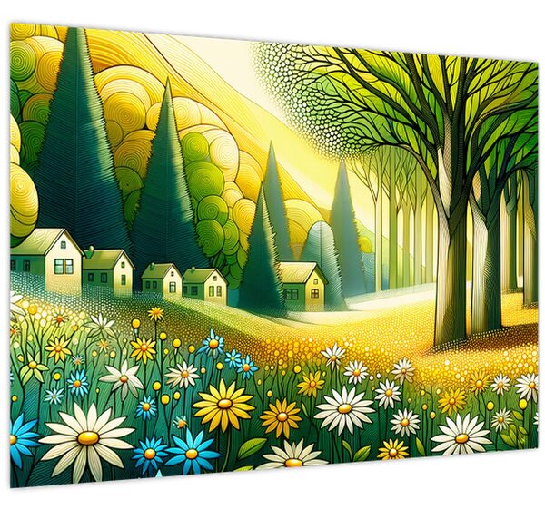Obraz - Dedina v žlto-zelenej (70x50 cm)