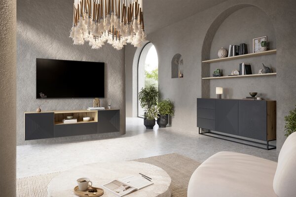 Závesný TV stolík Asha 167 cm s otvorenou policou - artisan / rivier stone mat