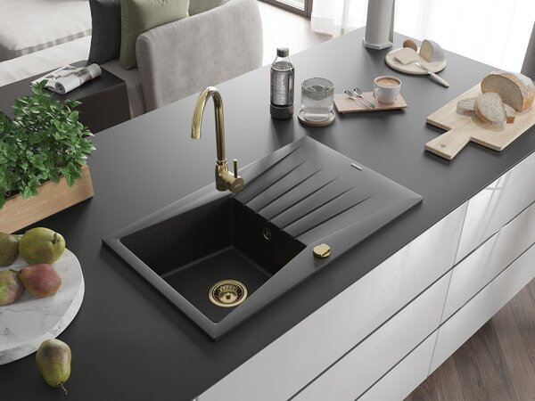 Mexen Cesar, granitový drez 775x470x190 mm, 1-komorový, čierna-strieborná metalíza so zlatým sifónom, 6514771010-73-G