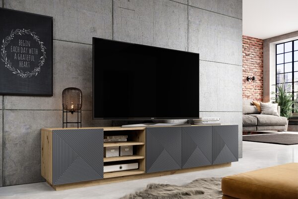 RTV skrinka Asha 200 cm s ryhovaným čelom - artisan / rivier stone mat