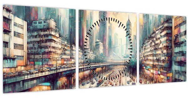 Obraz - Život veľkomesta (s hodinami) (90x30 cm)
