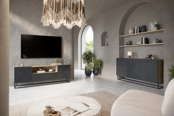 TV stolík Asha 167 cm so zásuvkou a kovovou podnožou - artisan / rivier stone mat