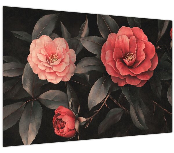 Obraz - Červené kvety na tmavom pozadí (90x60 cm)