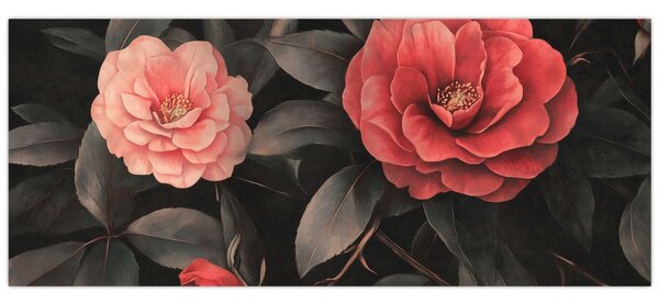 Obraz - Červené kvety na tmavom pozadí (120x50 cm)