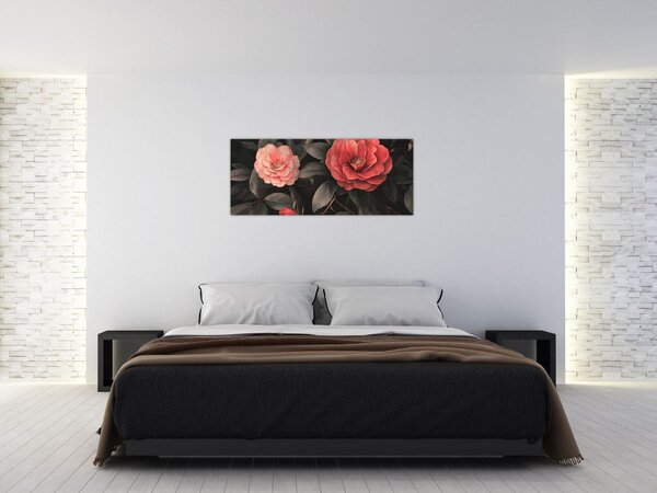Obraz - Červené kvety na tmavom pozadí (120x50 cm)
