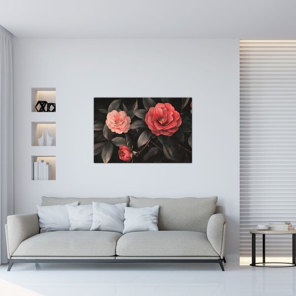 Obraz - Červené kvety na tmavom pozadí (90x60 cm)
