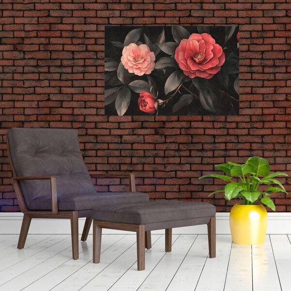 Obraz - Červené kvety na tmavom pozadí (90x60 cm)