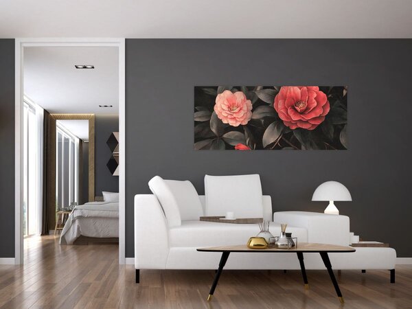 Obraz - Červené kvety na tmavom pozadí (120x50 cm)