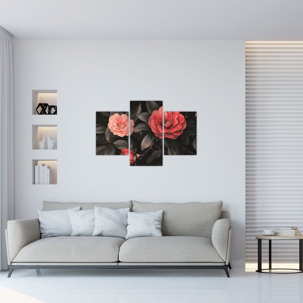 Obraz - Červené kvety na tmavom pozadí (90x60 cm)