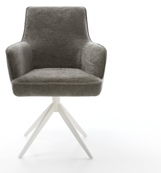 DELIFE Jedálenská stolička Heira-Flex s opierkami bouclé mäkký tmavobéžová krížová podstava široká biela 360° otočná hojdacia funkcia vrecková pružina