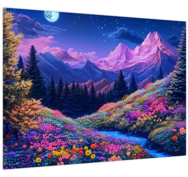 Obraz - Fialová krajina pri úplnku (70x50 cm)