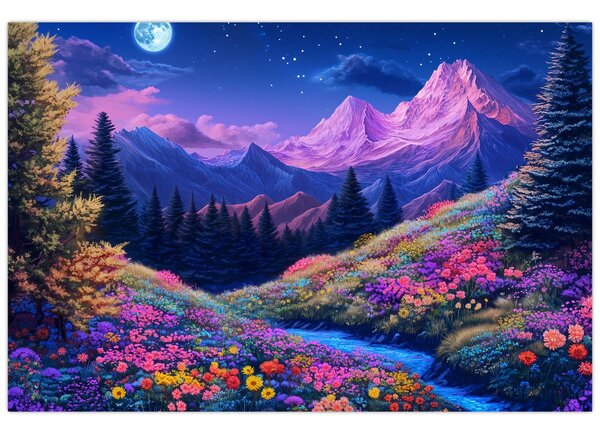 Obraz - Fialová krajina pri úplnku (90x60 cm)
