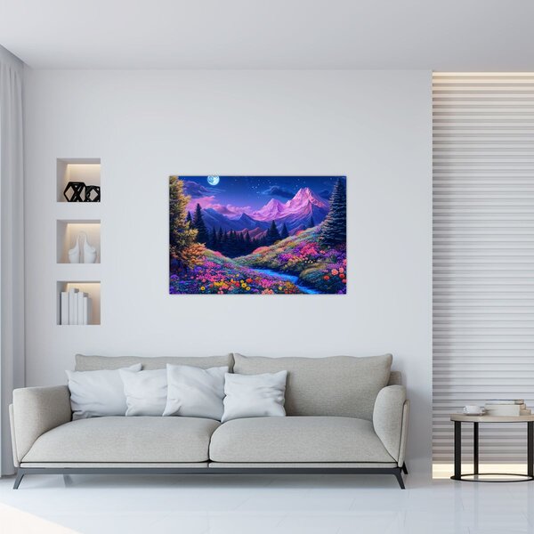 Obraz - Fialová krajina pri úplnku (90x60 cm)