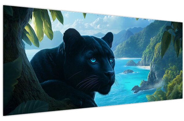 Obraz - Čierny panter v džungli (120x50 cm)