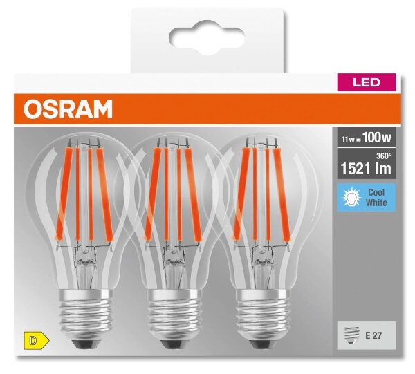 Sada 3x LED žiaroviek BASE CLASSIC FILAMENT A60 E27/11W/230V 4000K - Osram
