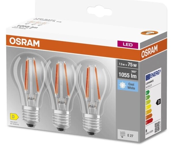 Sada 3x LED žiaroviek BASE CLASSIC FILAMENT A60 E27/7,5W/230V 4000K - Osram