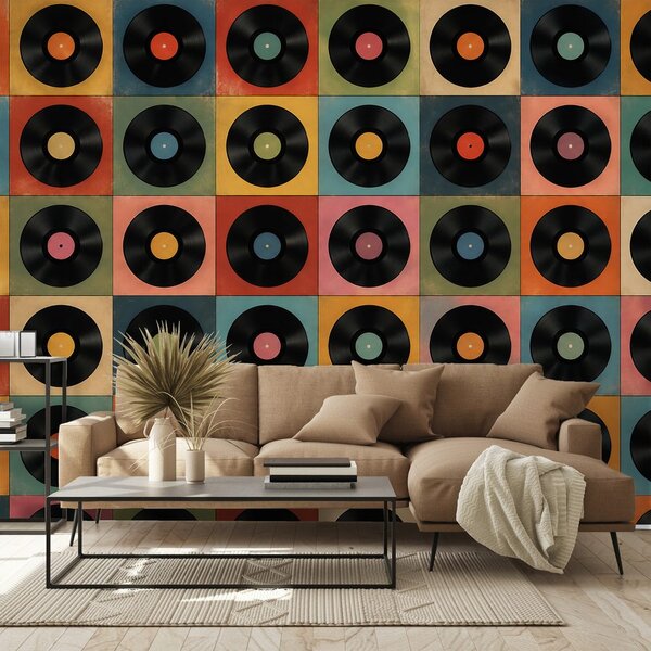 Tapeta retro vinylové platne na farebnom pozadí