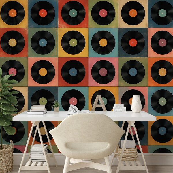 Tapeta retro vinylové platne na farebnom pozadí