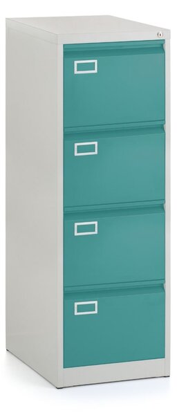 Kovová kartotéka A4 - 4 zásuvky, 45,5 x 62 x 132 cm, cylindrický zámok, zelená - ral 6033