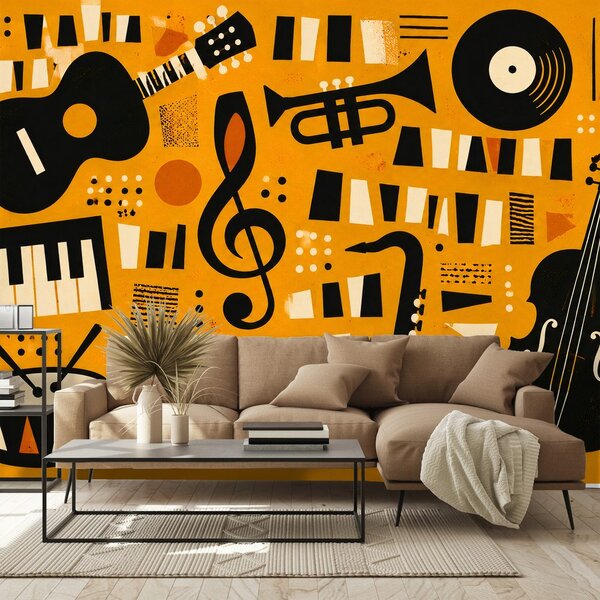 Tapeta retro hudobné nástroje na oranžovej